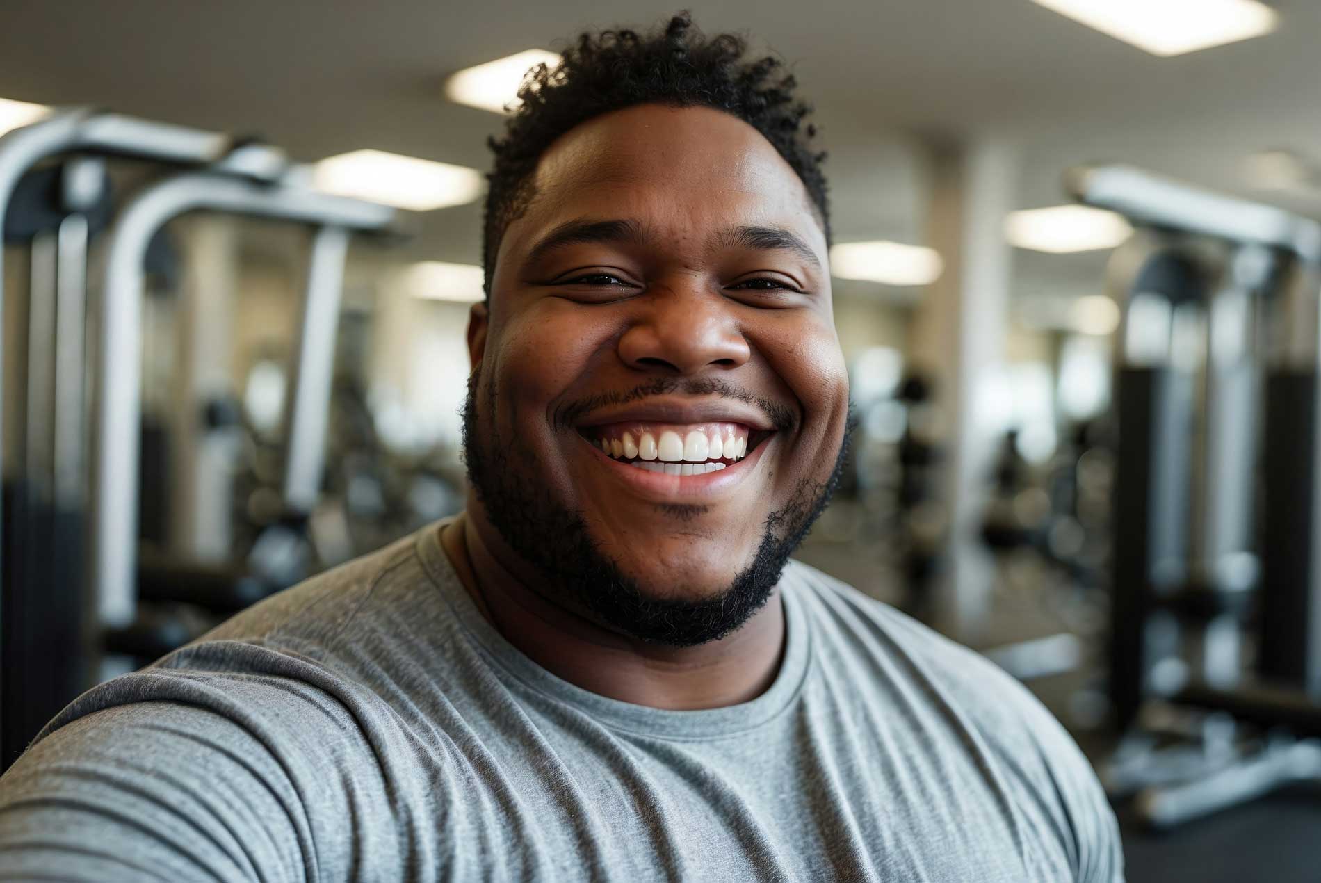 Man with energy from b-12 shot working out at gym happy.